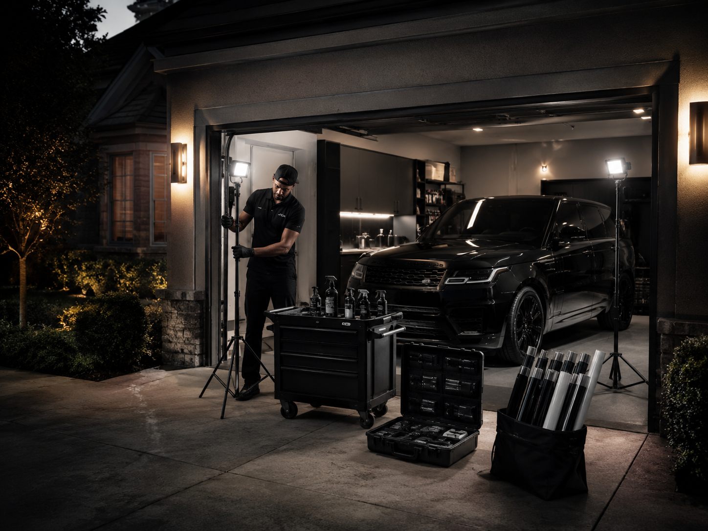 JCA installer setting up lighting and tools in a customer's driveway with a black SUV in the garage