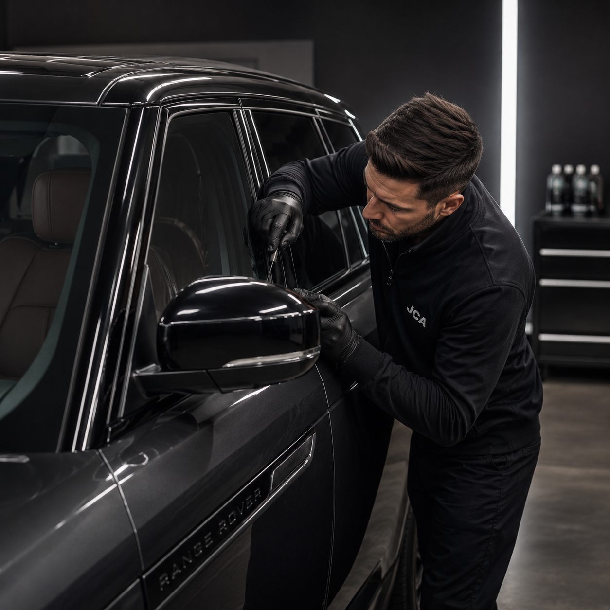 JCA installer trimming tint film along the window edge of a black Range Rover