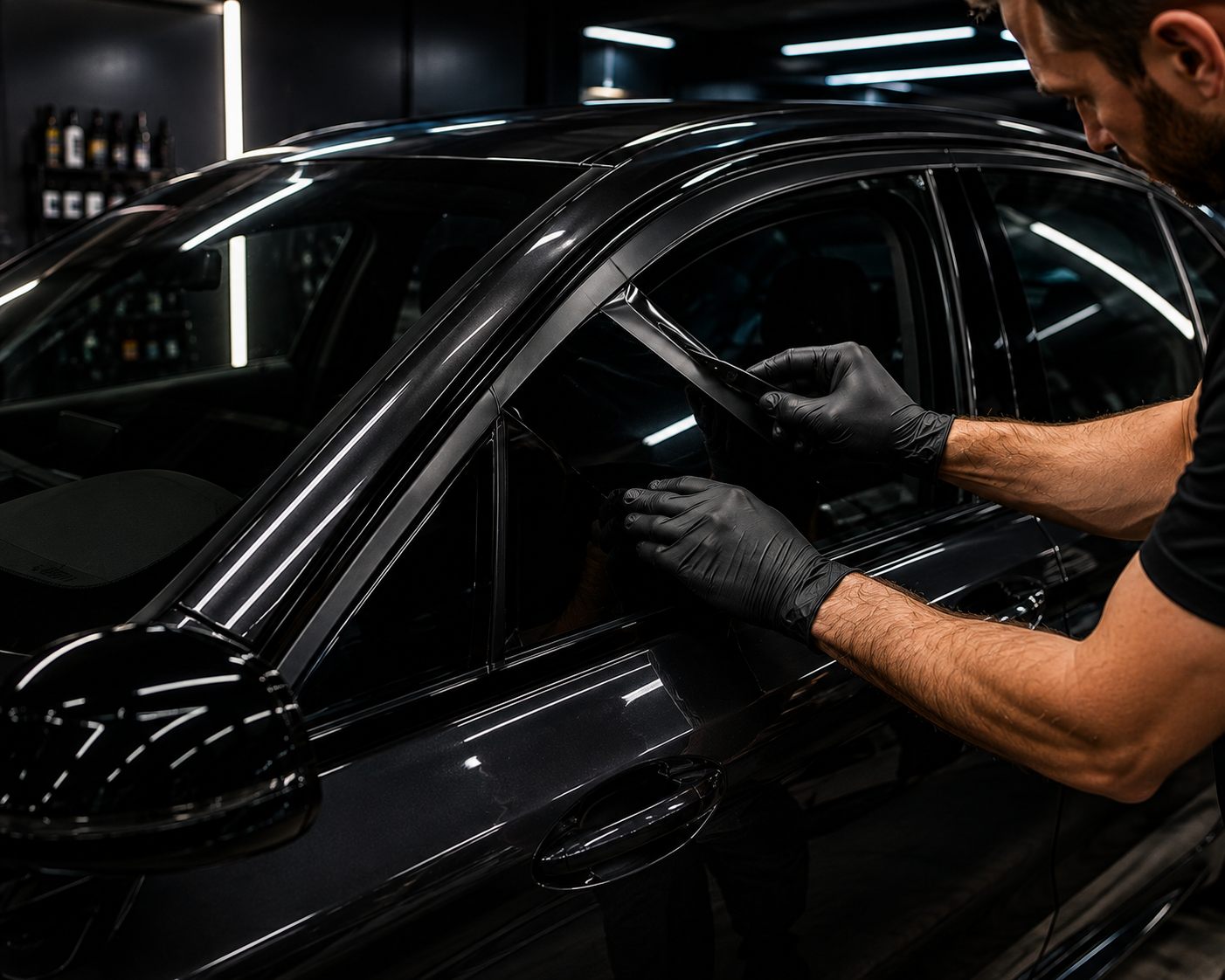 Installer laying black film over a car's chrome window surround during a chrome delete