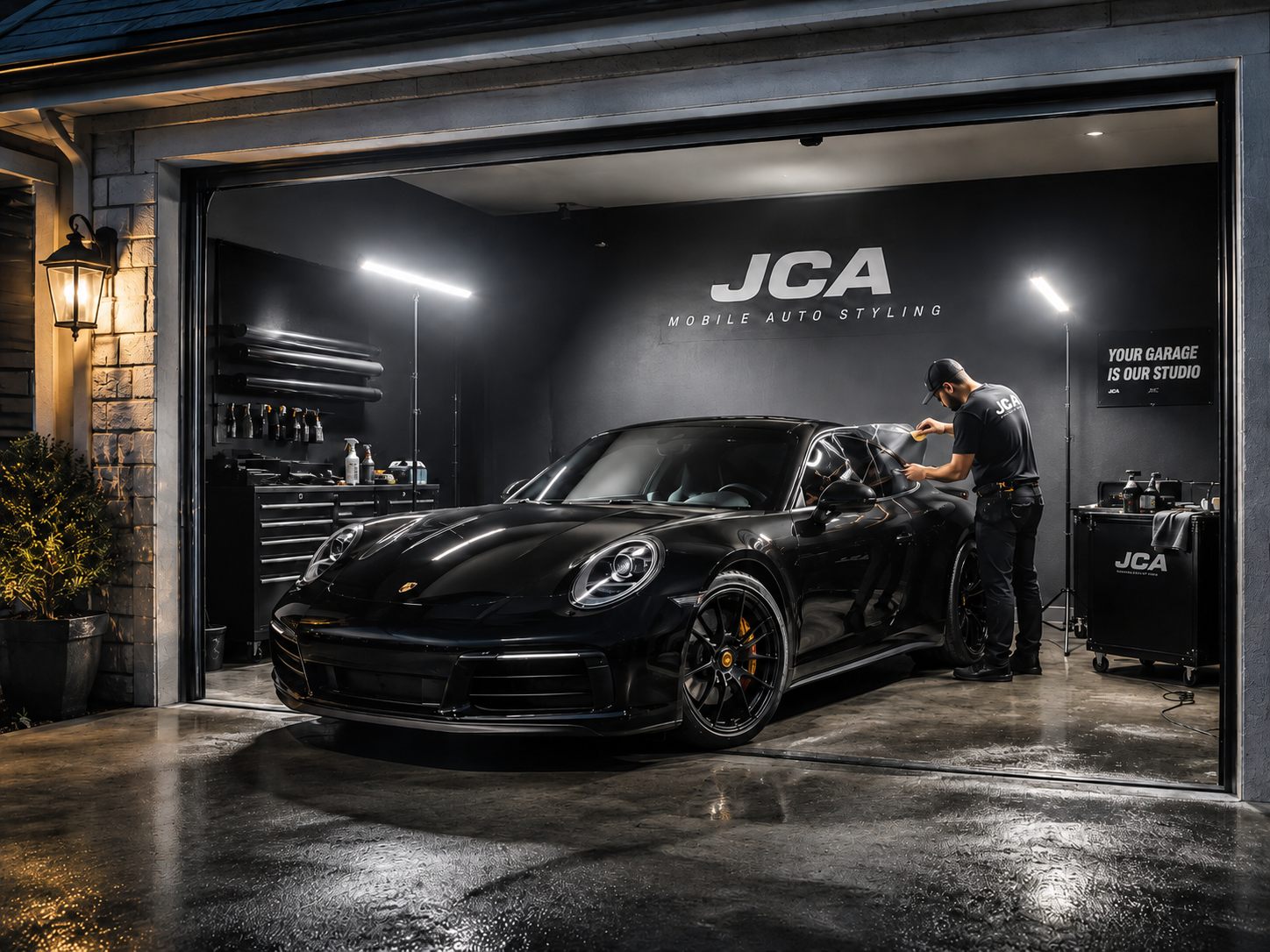 JCA installer applying film to a black sports car inside a customer's garage at night