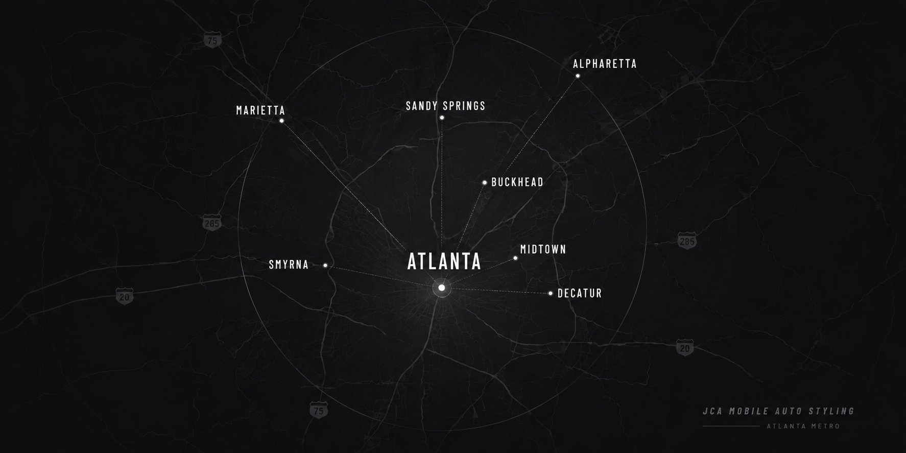 Map of the metro Atlanta service area, with Buckhead, Midtown, Decatur, Sandy Springs, Marietta, Smyrna and Alpharetta marked around Atlanta