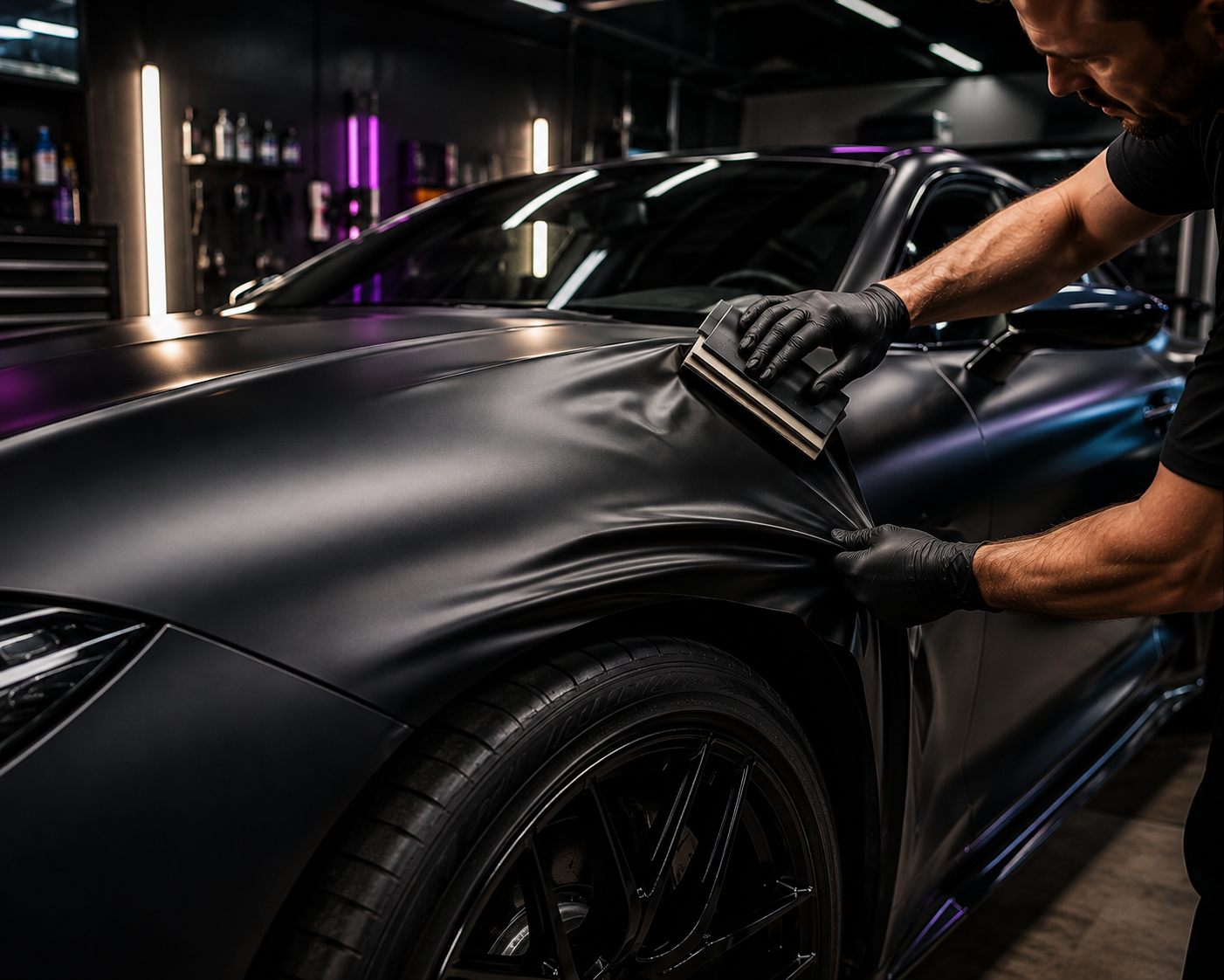 Installer squeegeeing matte black vinyl wrap across a car's hood and front fender