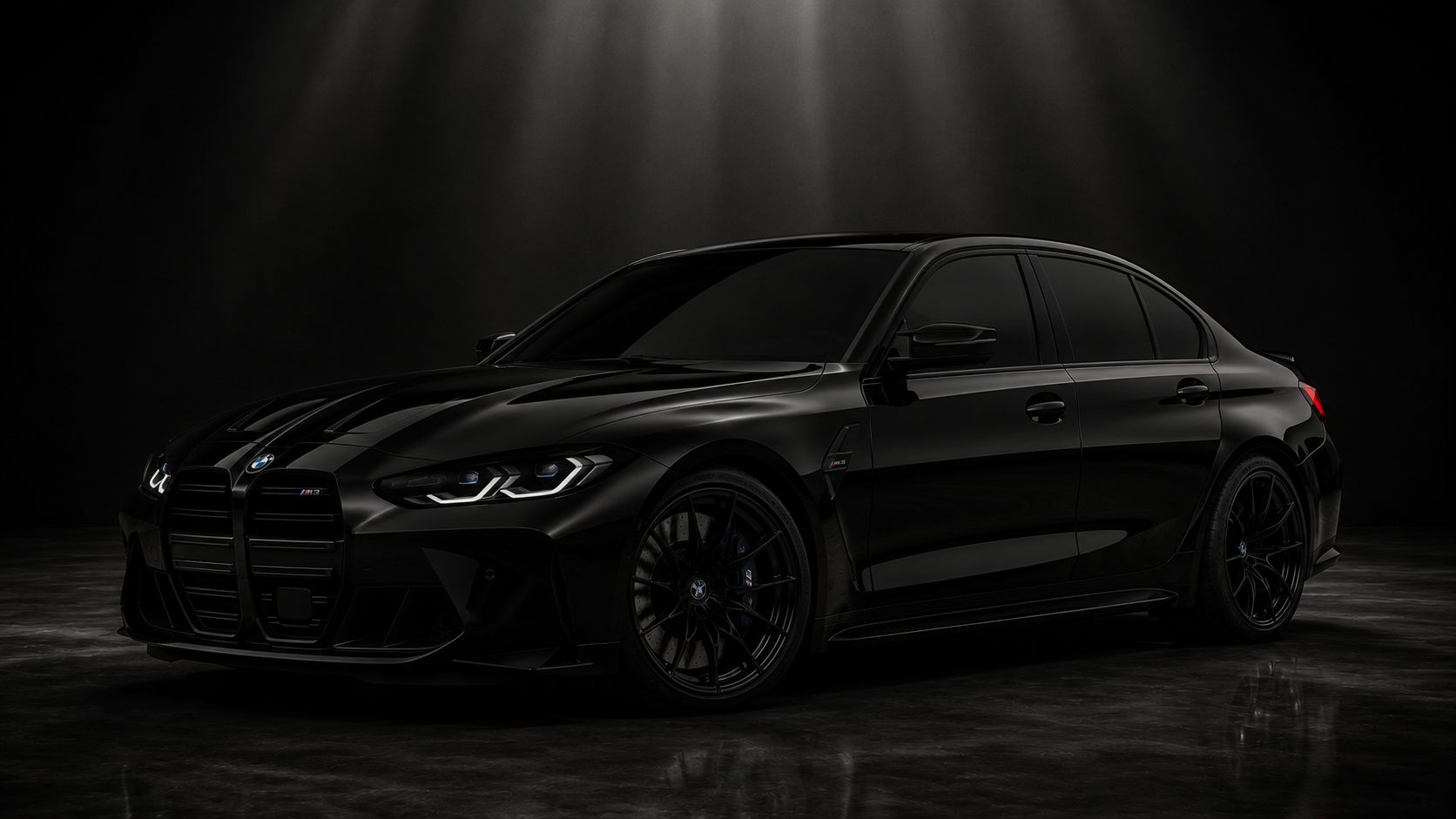 Black sedan with ceramic tinted glass under studio lighting