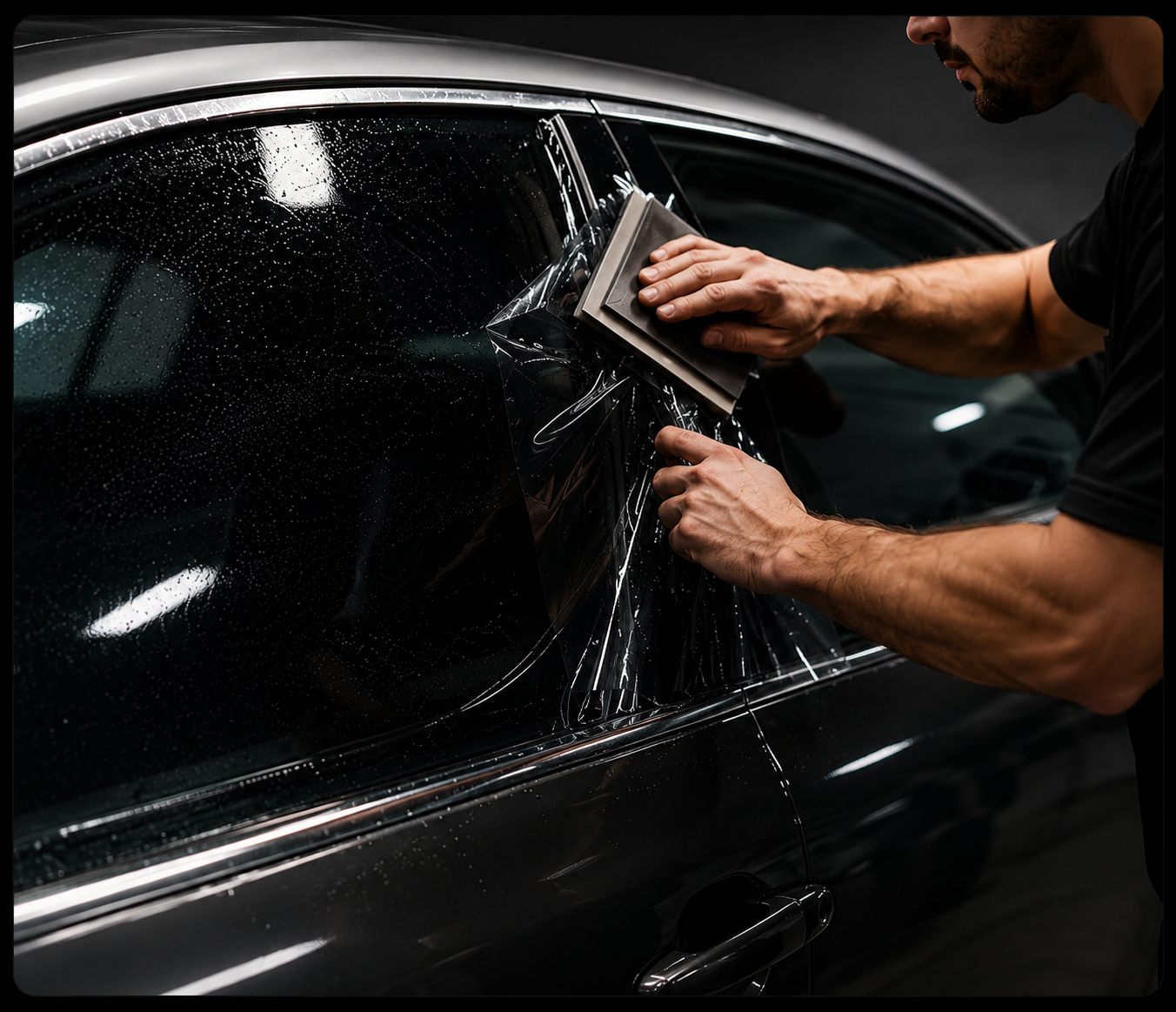 Installer squeegeeing water out from under ceramic tint film on a car's side window